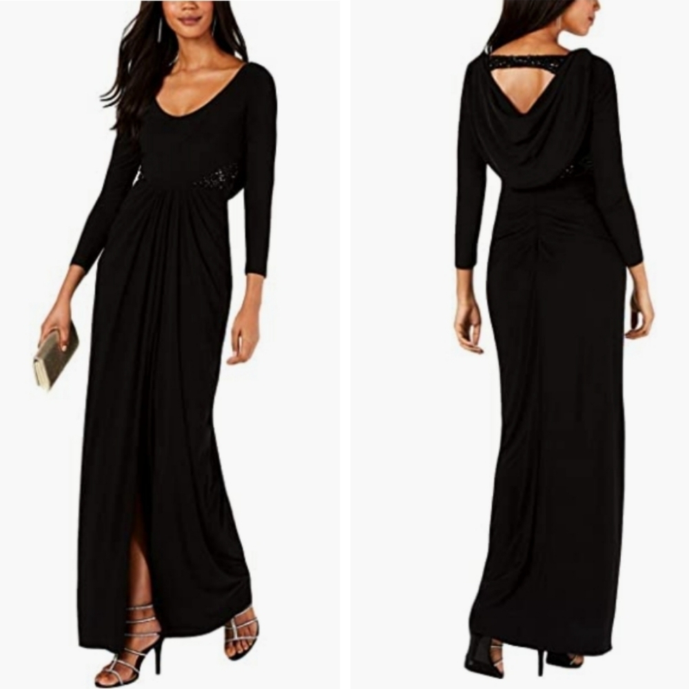 Adrianna Papell Black Sequin Maxi Dress Tall Elegant  Luxury Celeb Style
